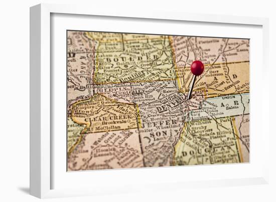 Denver on Vintage 1920S Map of Colorado with a Red Pushpin, Selective Focus (Printed in 1926 - Copy-PixelsAway-Framed Photographic Print