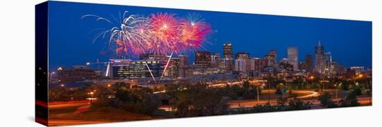 Denver Skyline Fireworks-Steve Gadomski-Stretched Canvas