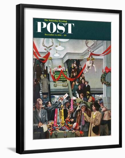 "Department Store at Christmas" Saturday Evening Post Cover, December 6, 1952-John Falter-Framed Premium Giclee Print