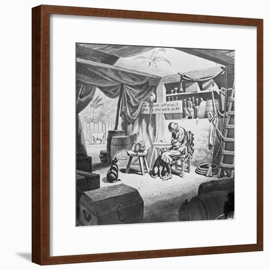 Depiction of Robinson Crusoe Alone with Animals in Makeshift Dwelling-null-Framed Giclee Print