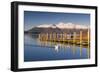 Derwent Water and snow capped Skiddaw from Lodor Hotel Jetty, Borrowdale, Lake District National Pa-John Potter-Framed Photographic Print