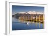 Derwent Water and snow capped Skiddaw from Lodor Hotel Jetty, Borrowdale, Lake District National Pa-John Potter-Framed Photographic Print