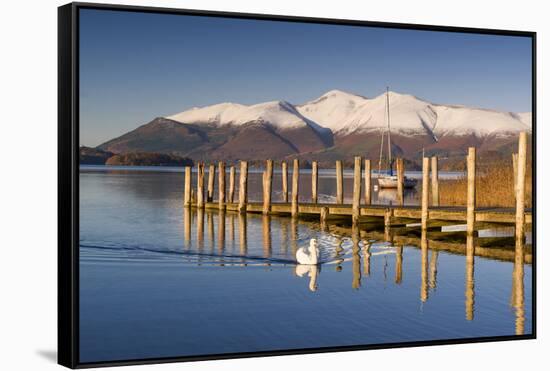 Derwent Water and snow capped Skiddaw from Lodor Hotel Jetty, Borrowdale, Lake District National Pa-John Potter-Framed Stretched Canvas