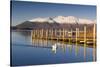 Derwent Water and snow capped Skiddaw from Lodor Hotel Jetty, Borrowdale, Lake District National Pa-John Potter-Stretched Canvas