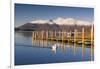 Derwent Water and snow capped Skiddaw from Lodor Hotel Jetty, Borrowdale, Lake District National Pa-John Potter-Framed Photographic Print