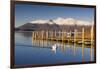 Derwent Water and snow capped Skiddaw from Lodor Hotel Jetty, Borrowdale, Lake District National Pa-John Potter-Framed Photographic Print