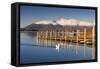 Derwent Water and snow capped Skiddaw from Lodor Hotel Jetty, Borrowdale, Lake District National Pa-John Potter-Framed Stretched Canvas