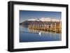 Derwent Water and snow capped Skiddaw from Lodor Hotel Jetty, Borrowdale, Lake District National Pa-John Potter-Framed Photographic Print