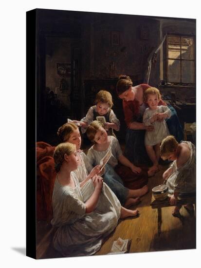 Des Enfants, Au Matin, Regardent Des Images - Children in the Morning Looking at Pictures, by Waldm-Ferdinand Georg Waldmuller-Stretched Canvas