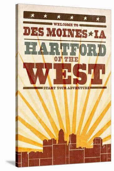 Des Moines, Iowa - Skyline and Sunburst Screenprint Style-Lantern Press-Stretched Canvas