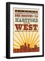 Des Moines, Iowa - Skyline and Sunburst Screenprint Style-Lantern Press-Framed Art Print