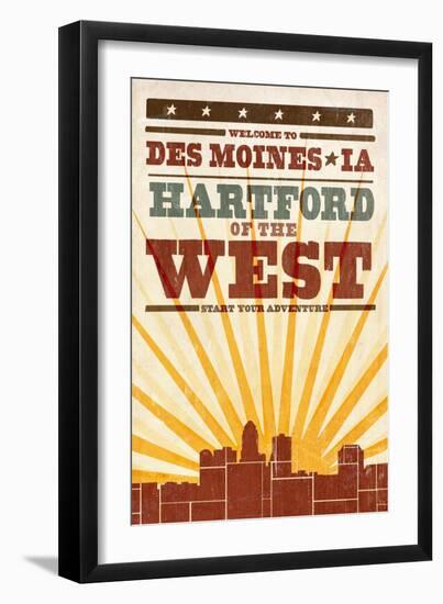 Des Moines, Iowa - Skyline and Sunburst Screenprint Style-Lantern Press-Framed Art Print