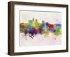 Des Moines Skyline in Watercolor Background-paulrommer-Framed Art Print