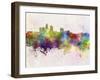 Des Moines Skyline in Watercolor Background-paulrommer-Framed Art Print