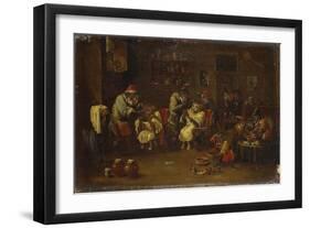 Des singes barbiers rasent et coiffent des chats-null-Framed Giclee Print