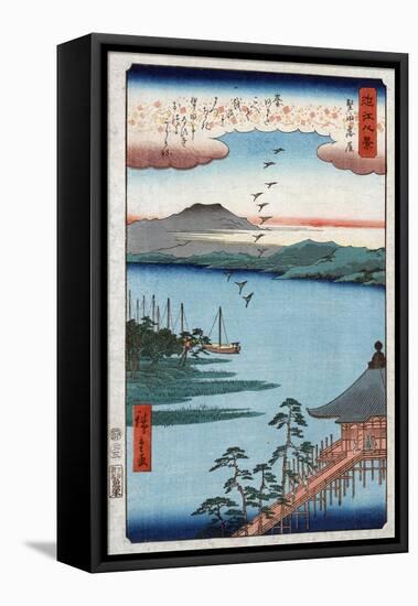 Descending Geese at Katada, Japanese Wood-Cut Print-Lantern Press-Framed Stretched Canvas