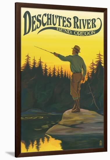 Deschutes River - Bend, Oregon - Fisherman Casting-Lantern Press-Framed Art Print