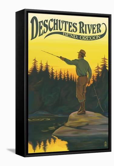 Deschutes River - Bend, Oregon - Fisherman Casting-Lantern Press-Framed Stretched Canvas