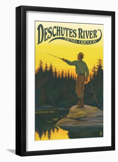 Deschutes River - Bend, Oregon - Fisherman Casting-Lantern Press-Framed Art Print