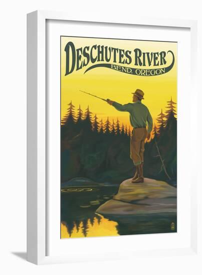 Deschutes River - Bend, Oregon - Fisherman Casting-Lantern Press-Framed Art Print