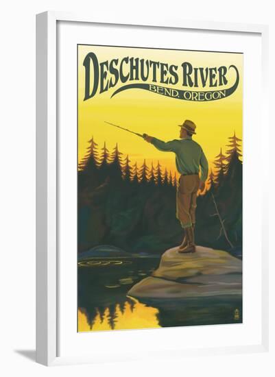 Deschutes River - Bend, Oregon - Fisherman Casting-Lantern Press-Framed Art Print