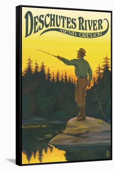 Deschutes River - Bend, Oregon - Fisherman Casting-Lantern Press-Framed Stretched Canvas