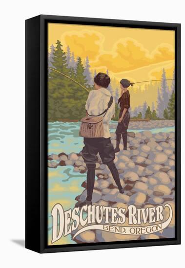 Deschutes River - Bend, Oregon - Women Fishing-Lantern Press-Framed Stretched Canvas