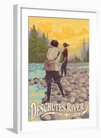 Deschutes River - Bend, Oregon - Women Fishing-Lantern Press-Framed Art Print