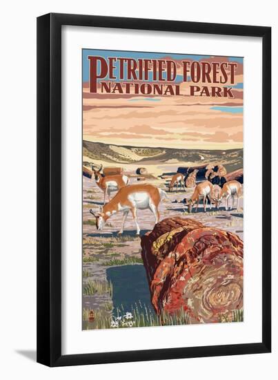 Desert and Antelope - Petrified Forest National Park-Lantern Press-Framed Art Print
