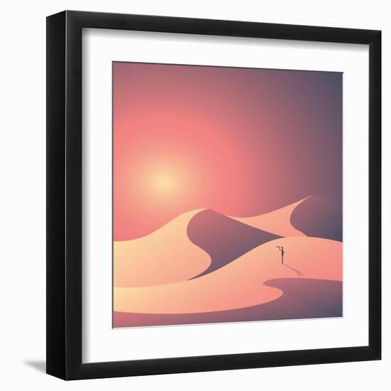 Desert Landscape Vector Background. Natural Sand Dunes in Sunset Wallpaper with Explorer. Eps10 Vec-MJgraphics-Framed Art Print