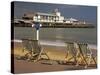 Deserted Beach and Pier Theatre, West Cliff, Bournemouth, Dorset, England, UK-Pearl Bucknall-Stretched Canvas