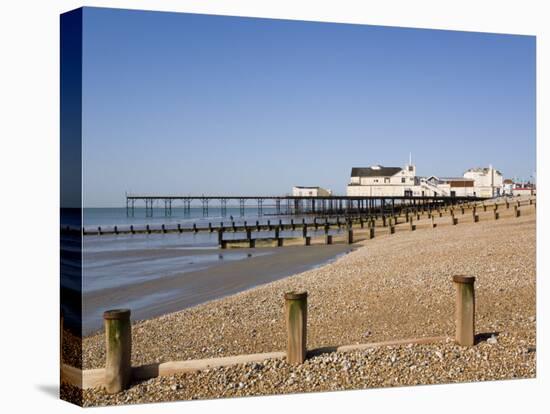 Deserted Pebble Beach at Low Tide and Pier from East Side, Bognor Regis, West Sussex, England, UK-Pearl Bucknall-Stretched Canvas