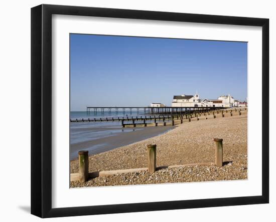 Deserted Pebble Beach at Low Tide and Pier from East Side, Bognor Regis, West Sussex, England, UK-Pearl Bucknall-Framed Photographic Print