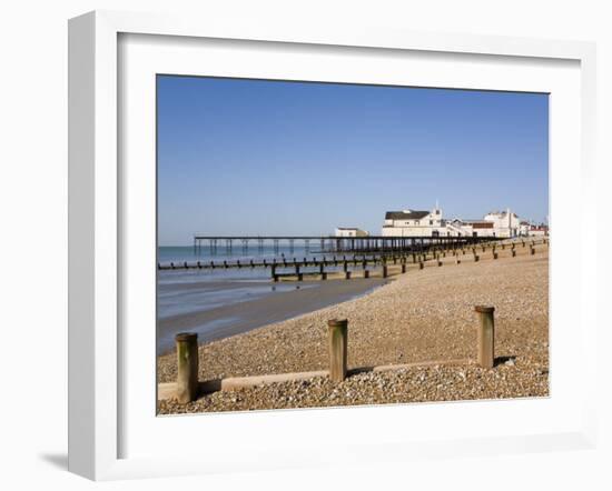 Deserted Pebble Beach at Low Tide and Pier from East Side, Bognor Regis, West Sussex, England, UK-Pearl Bucknall-Framed Photographic Print