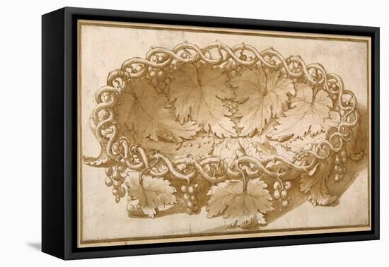 Design for an Oval Fruit Bowl, with Vine Tendrils, Leaves and Grapes-Giulio Romano-Framed Stretched Canvas