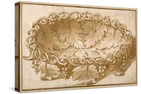 Design for an Oval Fruit Bowl, with Vine Tendrils, Leaves and Grapes-Giulio Romano-Stretched Canvas