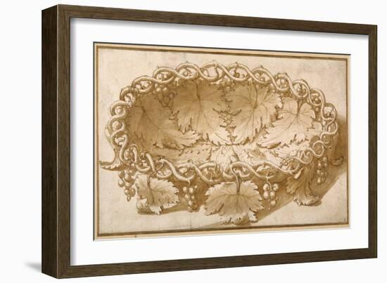 Design for an Oval Fruit Bowl, with Vine Tendrils, Leaves and Grapes-Giulio Romano-Framed Giclee Print