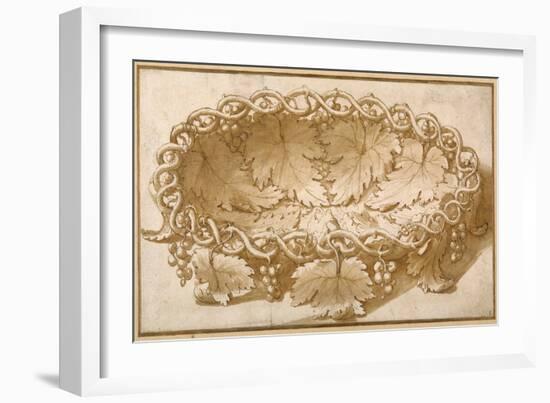 Design for an Oval Fruit Bowl, with Vine Tendrils, Leaves and Grapes-Giulio Romano-Framed Giclee Print