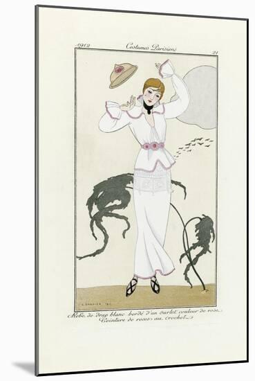 Design for White Dress with Pink Trim and Crochet Belt, from Costumes Parisien, Pub.1912 (Pochoir P-Georges Barbier-Mounted Giclee Print