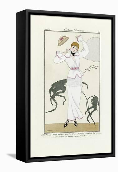 Design for White Dress with Pink Trim and Crochet Belt, from Costumes Parisien, Pub.1912 (Pochoir P-Georges Barbier-Framed Stretched Canvas