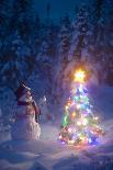 Snowman Standing In A Snow-Covered Spruce Forest Next To A Decorated Christmas Tree In Wintertime-Design Pics-Photographic Print