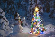 Snowman Standing In A Snow-Covered Spruce Forest Next To A Decorated Christmas Tree In Wintertime-Design Pics-Framed Stretched Canvas