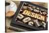Design Word Abstract in Letterpress Wood Type on a Digital Tablet with Cup of Coffee-PixelsAway-Stretched Canvas