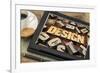 Design Word Abstract in Letterpress Wood Type on a Digital Tablet with Cup of Coffee-PixelsAway-Framed Art Print