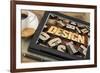 Design Word Abstract in Letterpress Wood Type on a Digital Tablet with Cup of Coffee-PixelsAway-Framed Art Print