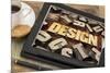 Design Word Abstract in Letterpress Wood Type on a Digital Tablet with Cup of Coffee-PixelsAway-Mounted Art Print