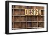 Design Word in Vintage Letterpress Wood Type against Divider Pattern of a Grunge Typesetter Case-PixelsAway-Framed Art Print