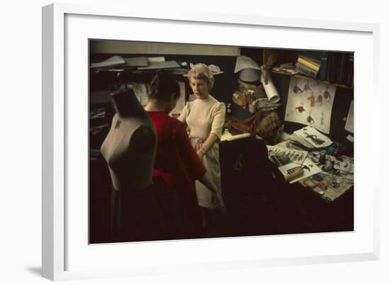 Designer Ricci Kilsdonk Fits a Model in Haymaker Line at David Crystal Inc, New York, 1960-Walter Sanders-Framed Photographic Print