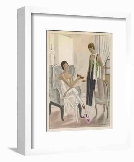 Designs by Perugia: White Strapless Dress with Red and Gold Shoes-Jean Grangier-Framed Art Print