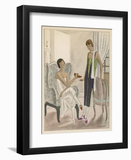 Designs by Perugia: White Strapless Dress with Red and Gold Shoes-Jean Grangier-Framed Art Print